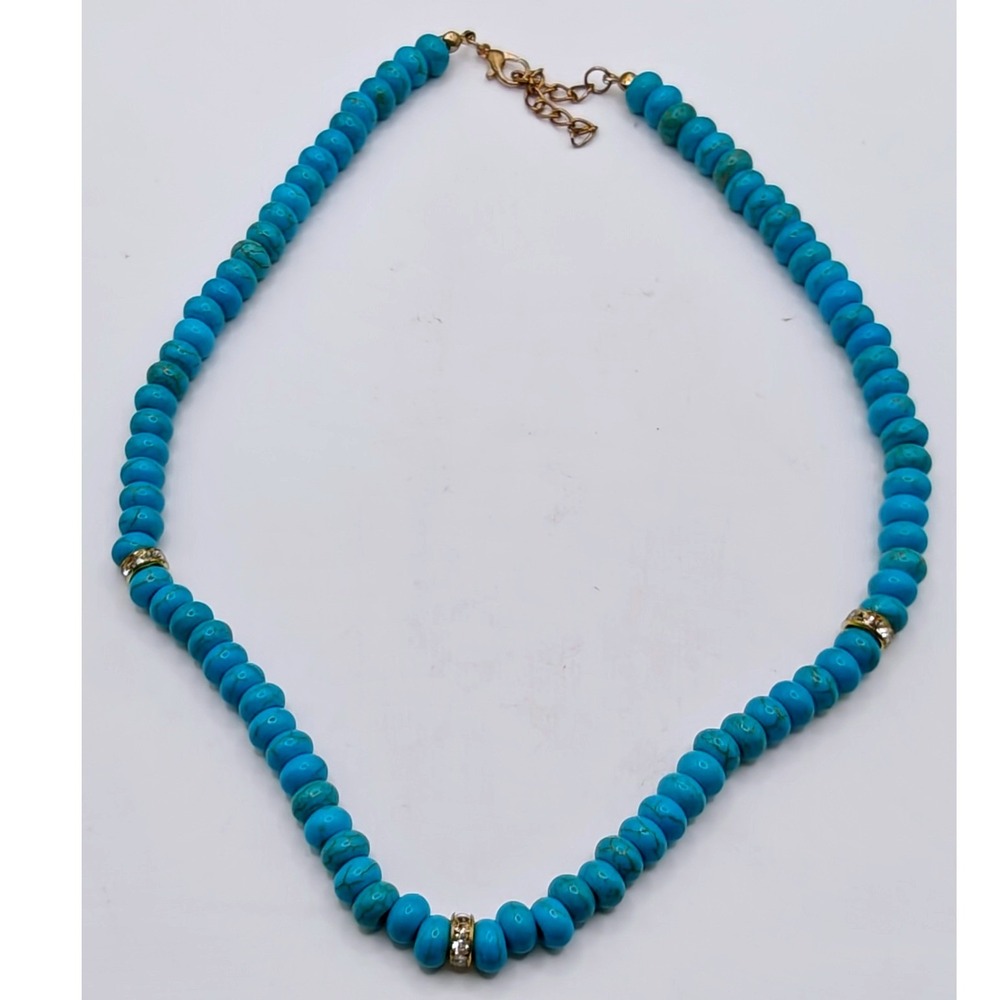 Real Turquoise Beaded Necklace Gold Tone Rhinestone Spacers Bright Blue 16"